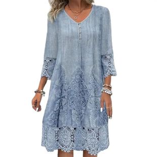 casual neck printed lace 纯色V领印花蕾丝连衣裙 Solid dress