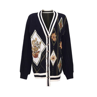 品牌秋冬新款梵高艺术翘课鬼混向日葵图案不规则毛衣开衫女装款