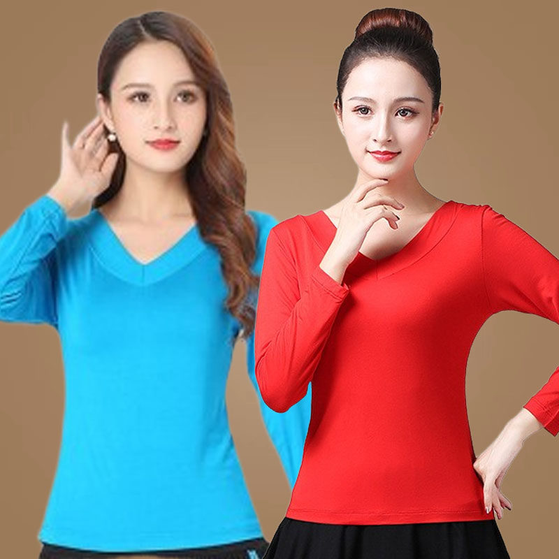 广场舞服装新款长袖上衣v领短袖跳舞衣服中老年水兵舞蹈莫代尔t恤