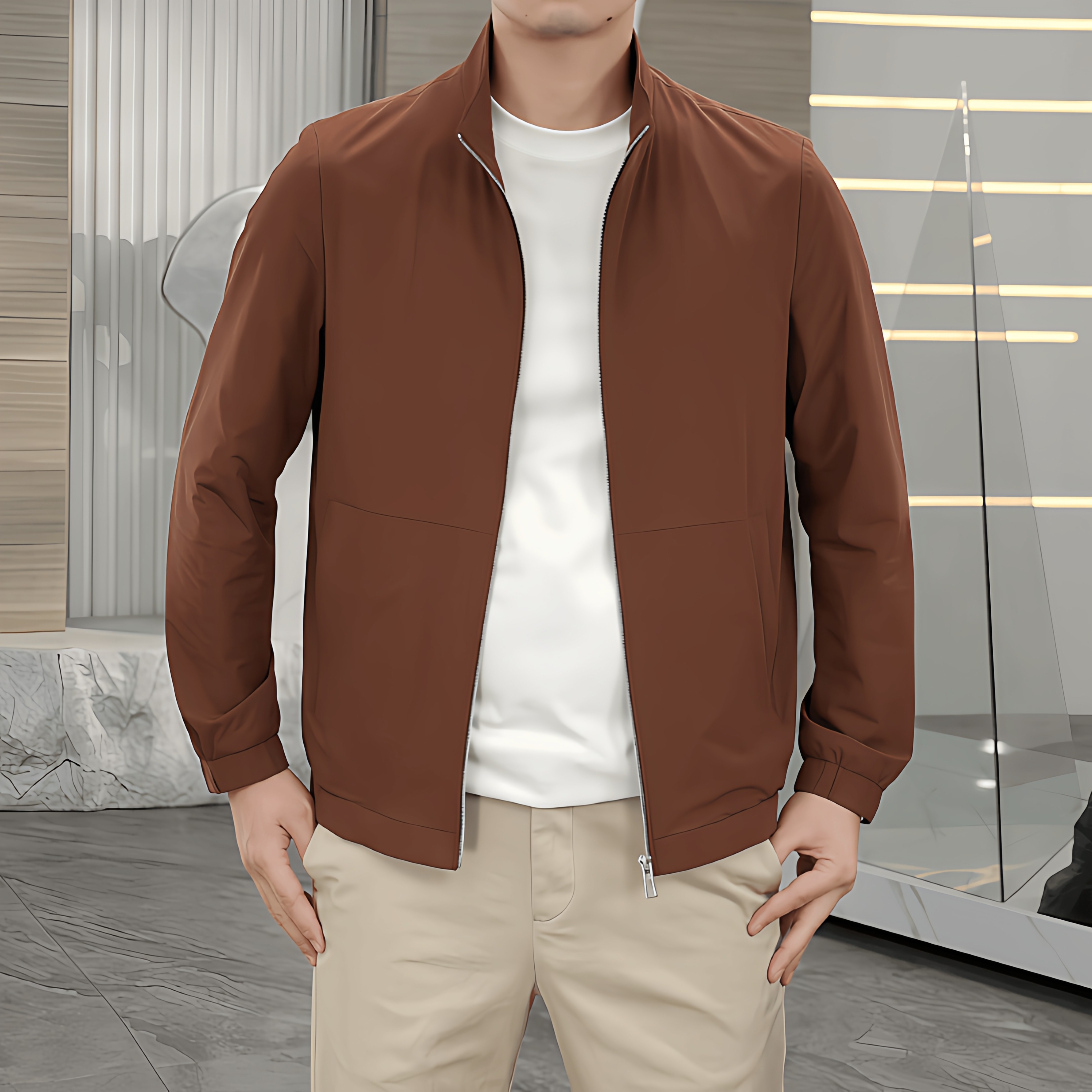 春季新款高端定制桑蚕丝科技面料轻薄透气百搭立领休闲夹克外套男