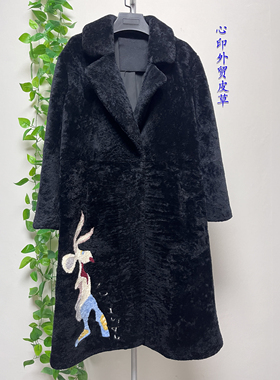 新款澳洲进口羊毛羊剪绒皮毛一体中长款翻领百搭刺绣款     36950