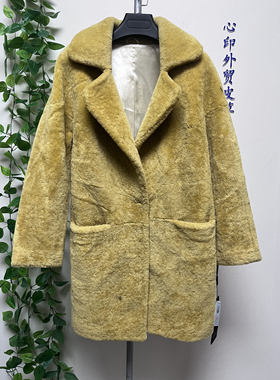 工厂尾货真皮真毛皮毛一体女款翻领设计宽松显瘦羊皮毛  黄色外套