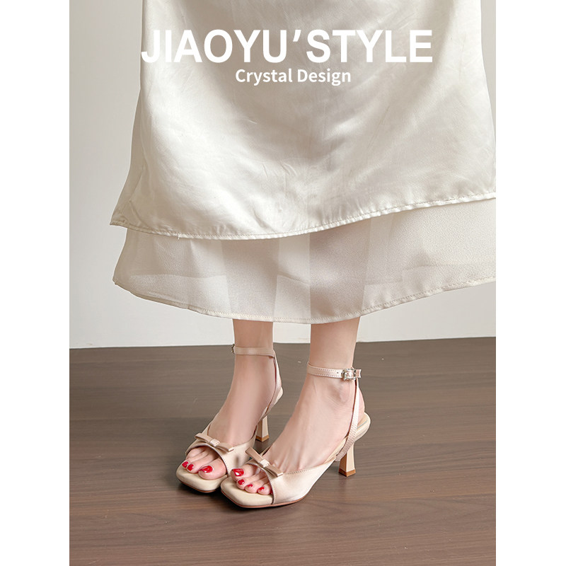 踩屎感四穿~骄屿法式细高跟鞋2026新款凉鞋一字带凉拖鞋女夏外穿