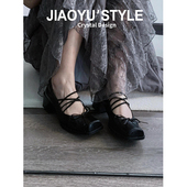 骄屿蝴蝶结复古芭蕾舞单鞋 方头小皮鞋 粗高跟鞋 真皮 浅口玛丽珍鞋