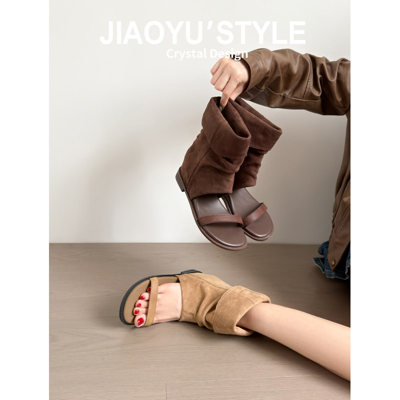真皮~骄屿内增高夹趾凉靴女2026夏新款罗马凉鞋堆堆裤管外穿短靴