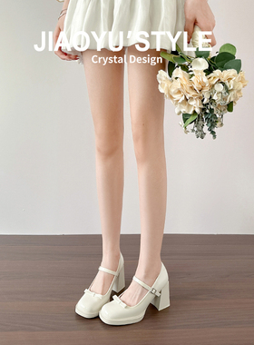 真皮~骄屿白色蝴蝶结仙女风配裙子高跟鞋女方头玛丽珍鞋粗跟单鞋