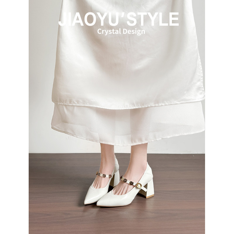 真皮~骄屿法式复古黑色粗高跟鞋女小金条绝美玛丽珍尖头通勤单鞋,女鞋,浅口单鞋,淘宝优惠券,粉丝福利购,淘宝优惠卷