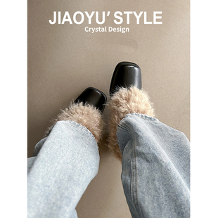 真皮~骄屿粗跟复古毛毛鞋方头雪地棉鞋冬季加绒玛丽珍保暖小皮鞋