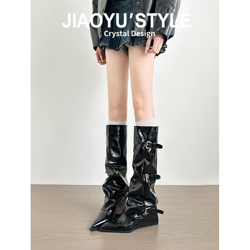 真皮~骄屿黑色裤管靴女2025秋季新款尖头长筒靴皮带扣高筒骑士靴,女鞋,时装靴,淘宝优惠券,粉丝福利购,淘宝优惠卷