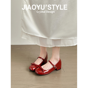 真皮~骄屿红色玛丽珍鞋日系圆头学院风爱心扣小皮鞋漆皮复古单鞋