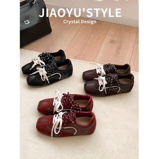 拼接百搭阿甘鞋 真皮 系带运动休闲板鞋 女2025新款 骄屿棕色德训鞋