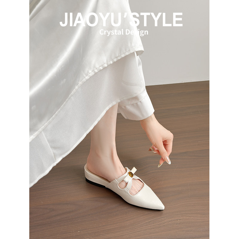 真皮~骄屿法式山茶花尖头包头半拖鞋女气质百搭外穿穆勒一字拖鞋