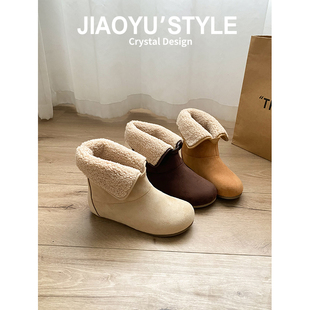 真皮~骄屿翻边羊羔毛雪地靴冬季保暖加绒加厚毛毛短靴内增高棉靴