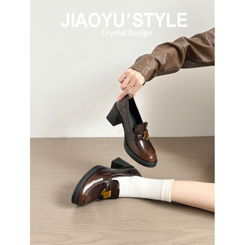 真皮~骄屿英伦风厚底乐福鞋女金属扣圆头一脚蹬复古百搭通勤单鞋