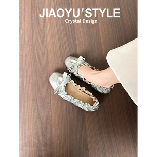 真皮~骄屿复古褶皱蝴蝶结平底芭蕾玛丽珍鞋百搭通勤浅口小红单鞋