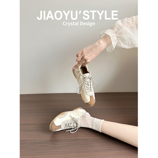 复古休闲系带运动板鞋 2026新款 骄屿内增高5cm芭蕾褶皱德训鞋 真皮