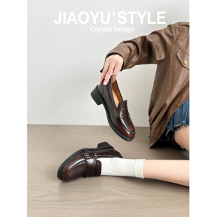 复古一脚蹬棕色小皮鞋 真皮 女粗跟平底单鞋 内增高厚底乐福鞋 骄屿