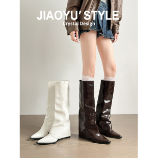 真皮 管长靴骑士靴 骄屿坡跟尖头不过膝长筒靴秋冬辣妹显瘦棕色裤