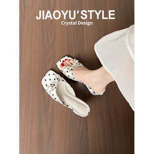 真皮~骄屿白色波点高跟一字拖鞋女夏外穿2026新款配裙子坡跟凉鞋