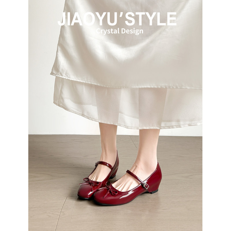 真皮~骄屿红色玛丽珍鞋晚晚风蝴蝶结芭蕾单鞋配裙子内增高高跟鞋