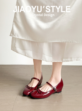 真皮~骄屿红色玛丽珍鞋晚晚风蝴蝶结芭蕾单鞋配裙子内增高高跟鞋