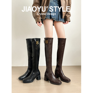 真皮 皮带扣过膝靴女粗跟长筒靴方头高跟靴骑士靴高筒靴长靴 骄屿