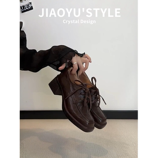 真皮~骄屿 高跟系带乐福鞋女厚底粗跟单鞋百搭复古方头增高小皮鞋