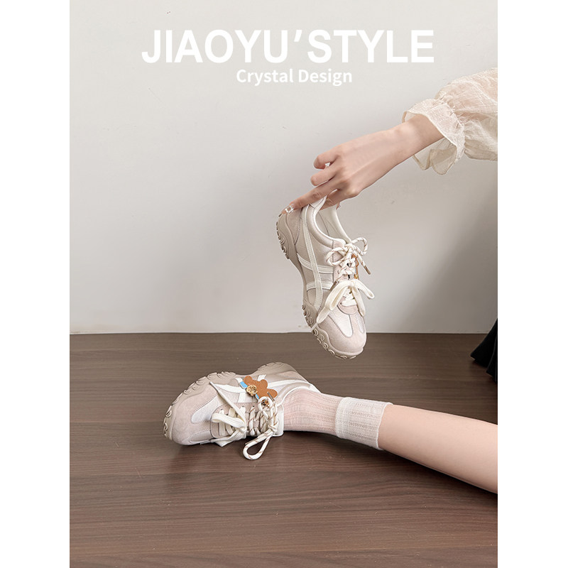 杜雨辰同款~真皮德训鞋女内增高2026新款透气厚底休闲运动阿甘鞋