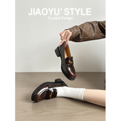 百搭英伦风小皮鞋 女厚底粗跟圆头单鞋 骄屿复古一脚蹬乐福鞋 真皮