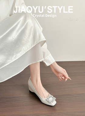 真皮~骄屿法式水钻方头单鞋女浅口不累脚通勤玛丽珍鞋仙女晚晚鞋