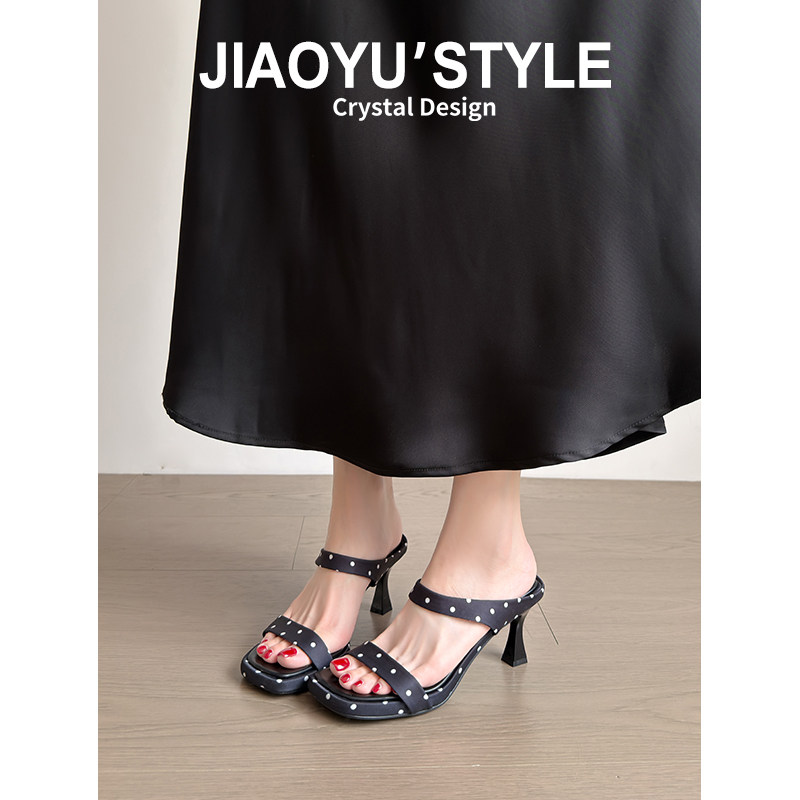 真皮~骄屿豹纹波点方头凉拖鞋女夏外穿2026新款配裙子细高跟凉鞋