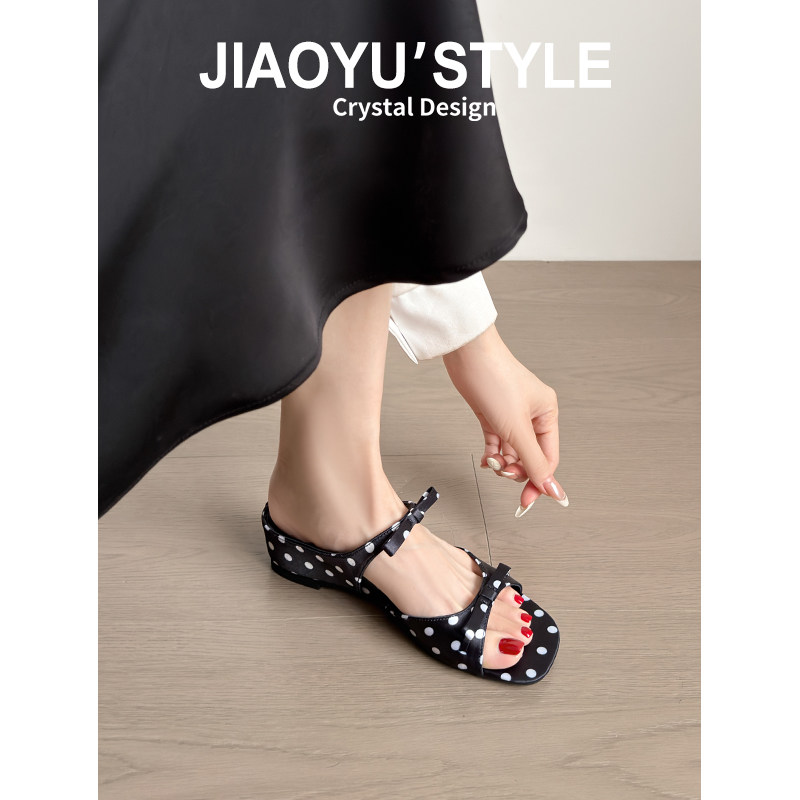 真皮~骄屿法式波点蝴蝶结凉拖鞋女夏外穿2026新款坡高跟绝美凉鞋
