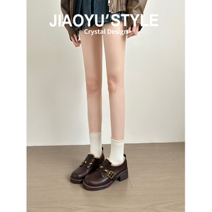 真皮~骄屿英伦风加绒乐福鞋冬季新款皮带扣一脚蹬通勤百搭小皮鞋