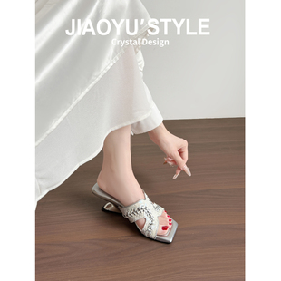 真皮 小众坡跟绝美凉拖鞋 女夏外穿方头气质高跟一字拖鞋 骄屿法式