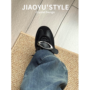 真皮~骄屿复古金属扣内增高德训鞋女新款系带单鞋运动休闲阿甘鞋