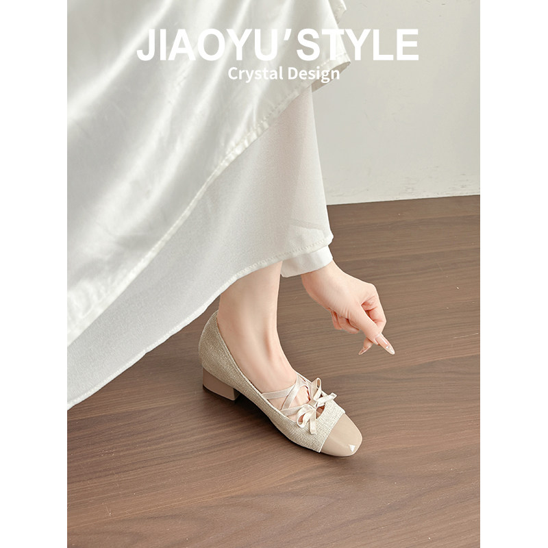 真皮~骄屿内增高拼接方头玛丽珍鞋2026新款蝴蝶结粗高跟浅口单鞋