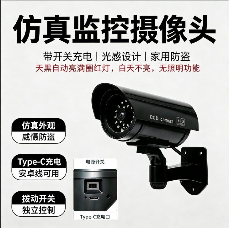 家用仿真监控模型带开关可充电 光感天黑亮灯威慑防盗假摄像头
