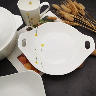 出口骨瓷小雏菊家用托盘套装 下午茶奶杯 鱼盘 大汤锅 方盘 单个