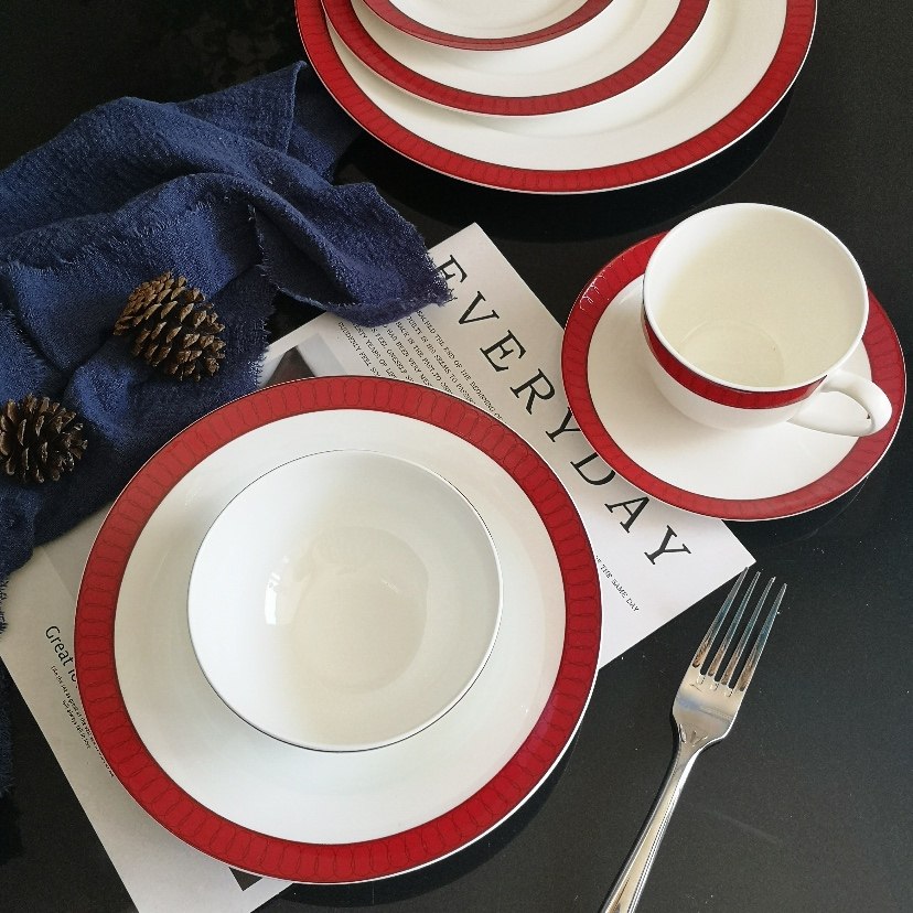 出口骨瓷家用酒店欧式西餐牛排盘套装 创意红边平盘 样板房摆盘,餐饮具,盘,淘宝优惠券,粉丝福利购,淘宝优惠卷