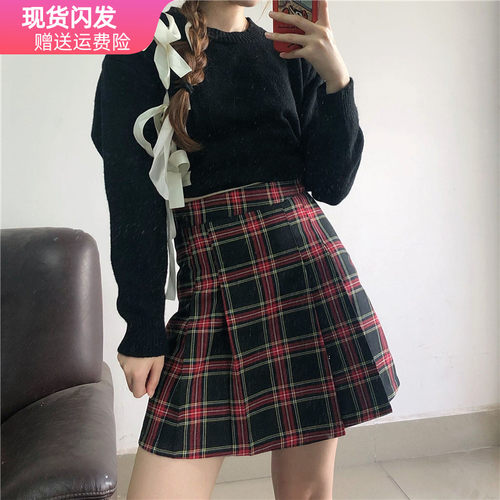 韩版格子胖mm学生ins百褶半身裙