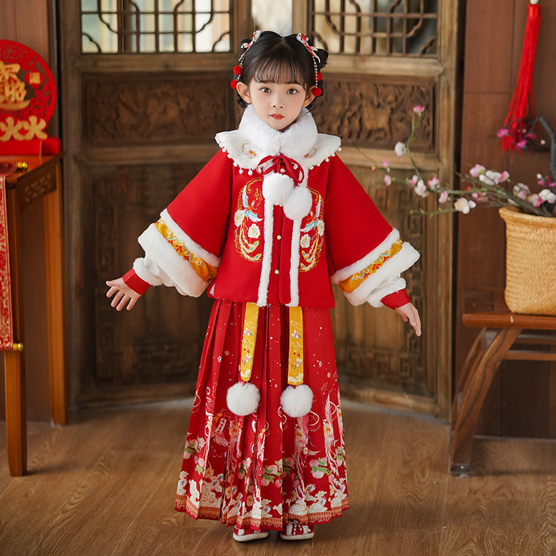 女童拜年服儿童汉服冬季新款加厚古装中国风唐装过年喜庆服套装