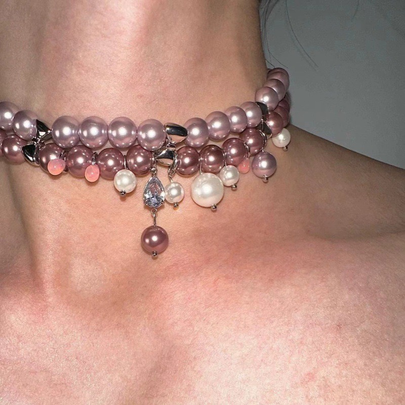 粉紫色珍珠钛钢项链choker