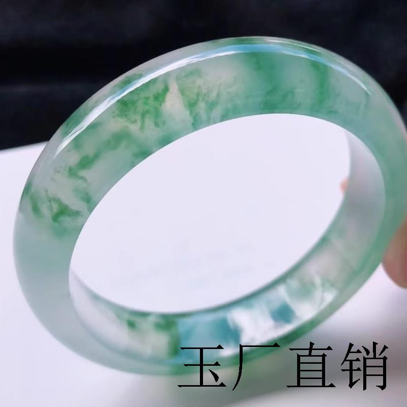冰种飘绿花翡翠色手镯缅甸老坑正圈圆条贵妃宽版女款飘花玉镯送礼
