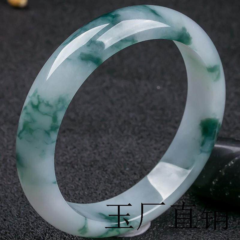 随美缅甸翡翠色玉手镯女冰糯种飘花冰透白底高玉透原石贵妃镯圆形