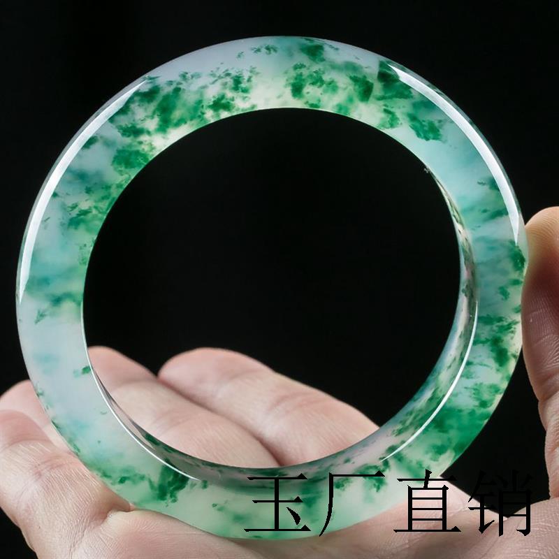 缅甸冰透碎飘花阳绿翡翠色手镯女正圆高冰飘花妈妈款冰种窄版翡翠
