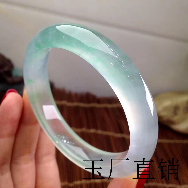 冰种飘花翡翠色手镯圆条玉手镯玻璃种缅甸正圈翡翠色处理绿玉镯子