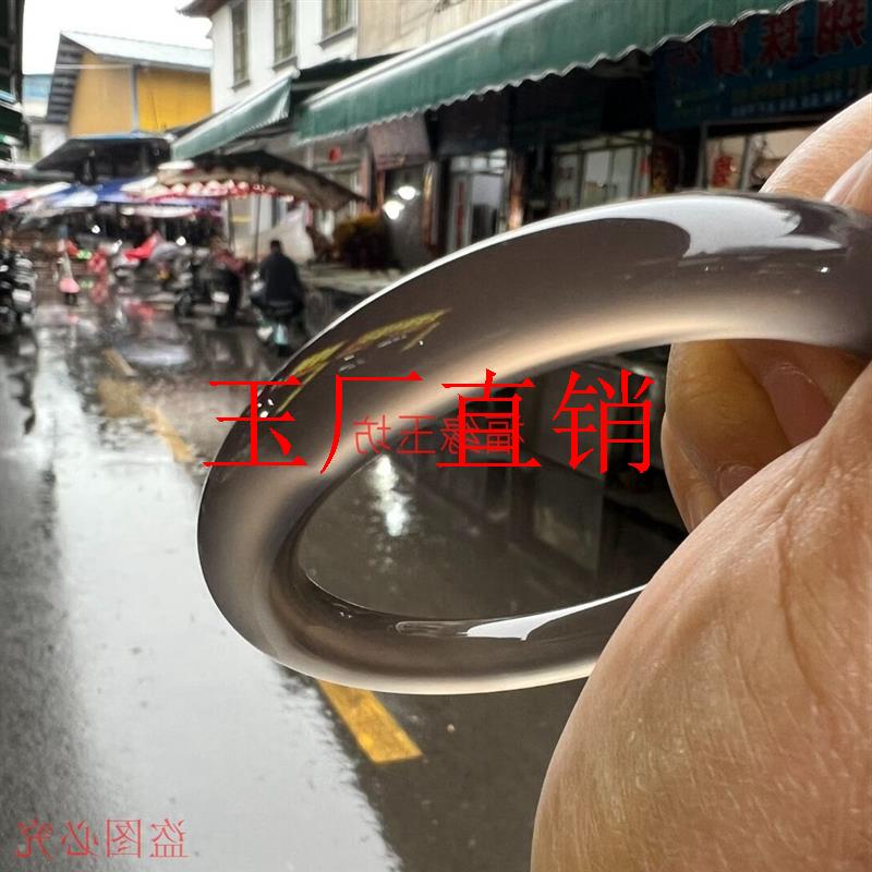 高冰透玉髓手镯少女款玛瑙烟灰色正圈贵妃玉镯子年轻气质冰种手镯