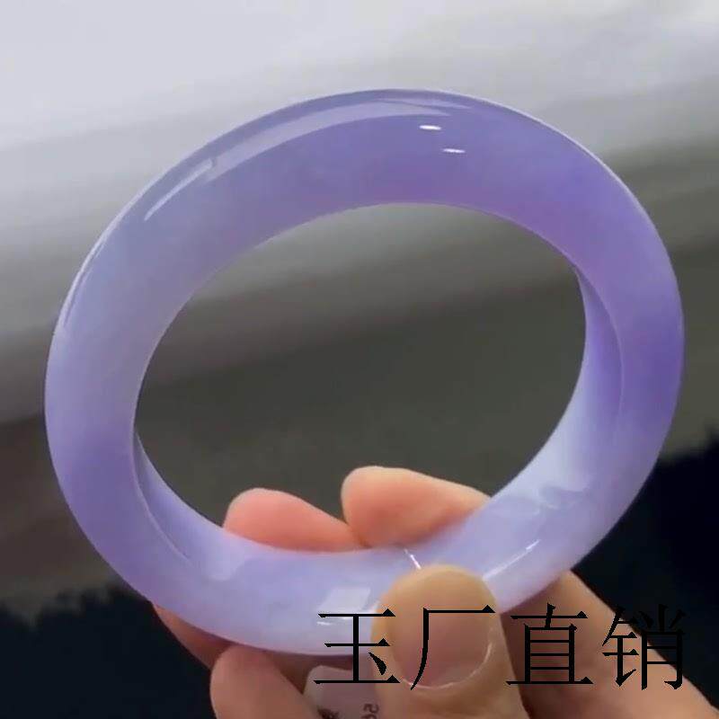 缅甸翡翠色手镯冰糯种紫罗兰玉镯老坑冰种春彩紫色正圈贵妃镯送礼
