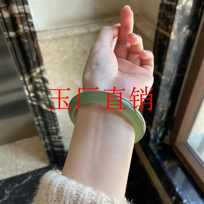 新疆和田玉晴水手镯湖水绿冰种细圆条时尚青白玉茶色复古女款玉镯