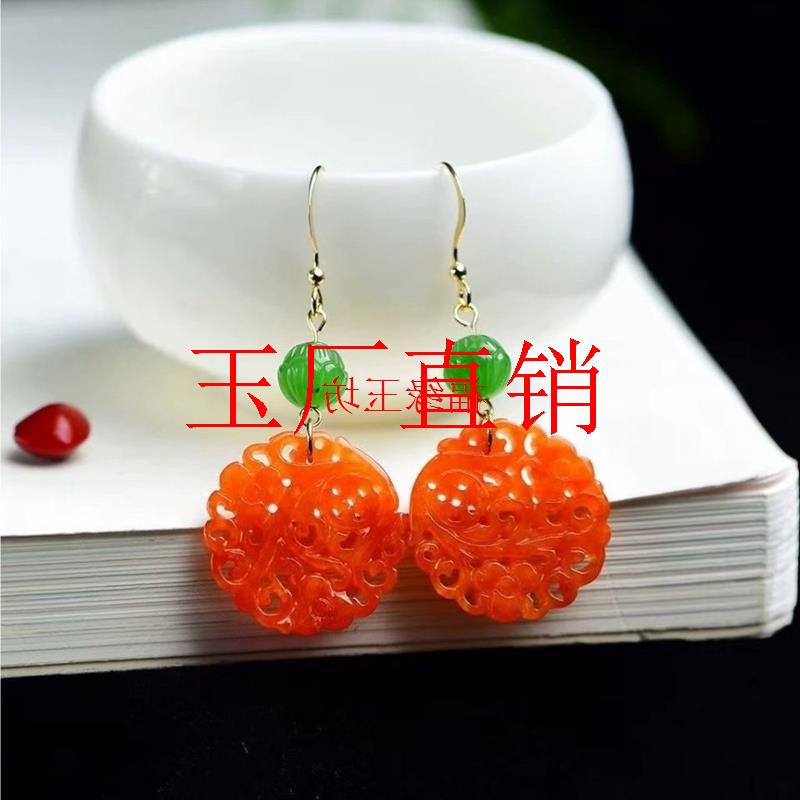 高品质黄翡翠色镂空雕刻圆牌耳环女古典风银饰流苏蝴蝶耳钩耳饰品